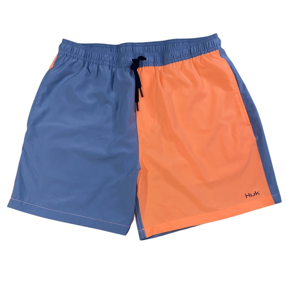 HUK Mens Volley Swim Trunks Blue Orange Colorblock Lined Fishing Shorts XXL NWT